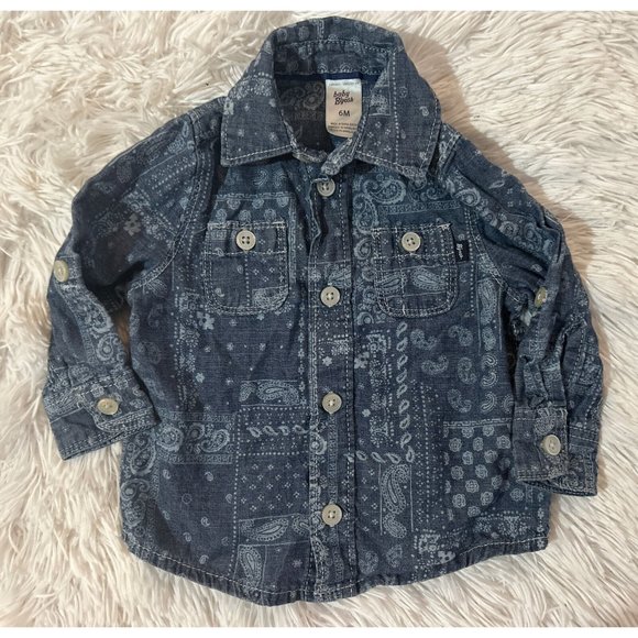 Oshkosh Cowboy Shirt Child Size 6 Months Blue Paisley Buttons Rodeo - Picture 1 of 3